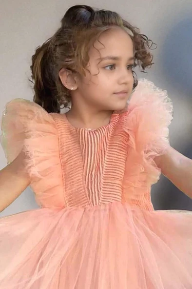 Kız Çocuk Omuzları Tüllü Üzeri Boydan Simli Kolsuz Somon Abiye - Resim 9