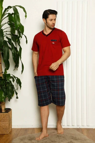 Erkek V Yaka Düğmesiz Ekose Desen Kısa Kol Cepli Şortlu %100 Pamuk Pijama Takımı