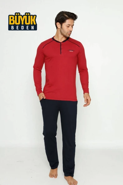 Erkek 3 Düğmeli Pamuk Likra Büyük Beden Uzun Kol Cepli Pijama Takımı - 6