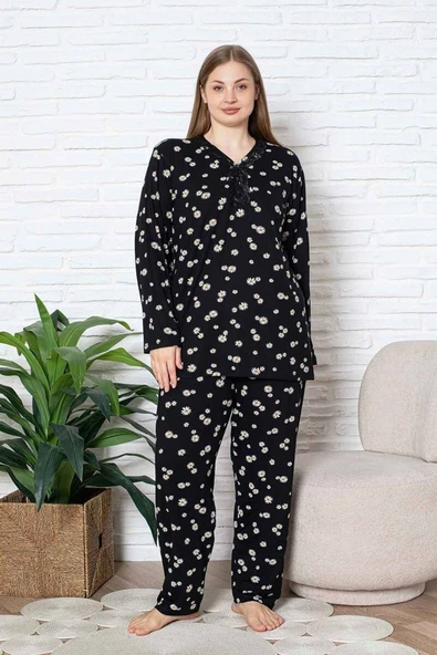 Kadın Papatya Desenli V Yaka 3 Düğmeli Viskon Büyük Beden Mevsimlik Uzun Kol Pijama Takımı