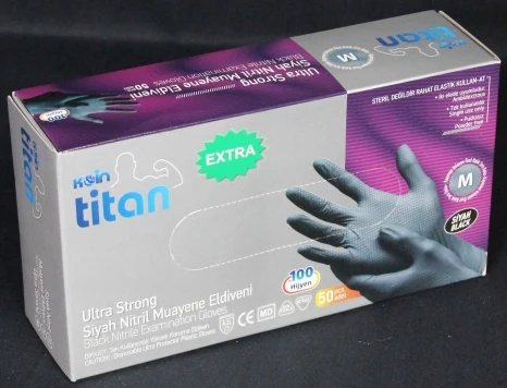 Koin Titan Extra Siyah Nitril Muayene Eldiveni Pudrasız Ultra Strong Medium M