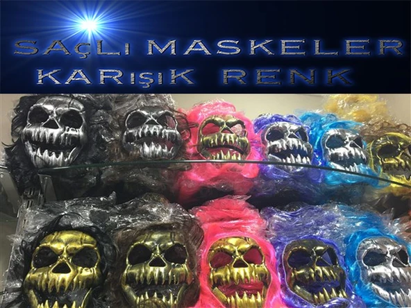 Saçlı Kuru Kafa İskelet Maske 1 Adet ürün görseli 1