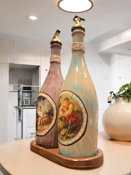 Özel Tasarım Vintage Desenli Sunum Stantlı 2'li 750 ml Zeytinyağı Sıvıyağ Şişesi Yağdanlık Yağlık - 3