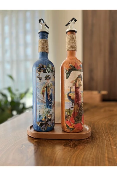 Özel Tasarım Kadın Figürlü Ahşap Stantlı 2'li 750 Ml Zeytinyağı Sıvıyağ Şişesi Yağdanlık Yağlık - 7