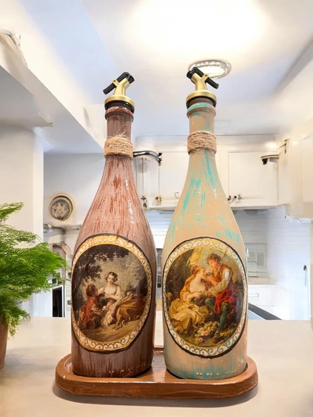 Özel Tasarım Vintage Desenli Sunum Stantlı 2'li 750 ml Zeytinyağı Sıvıyağ Şişesi Yağdanlık Yağlık - 5