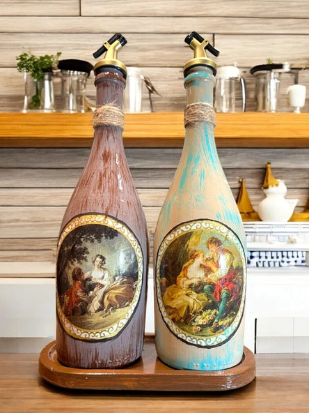 Özel Tasarım Vintage Desenli Sunum Stantlı 2'li 750 ml Zeytinyağı Sıvıyağ Şişesi Yağdanlık Yağlık