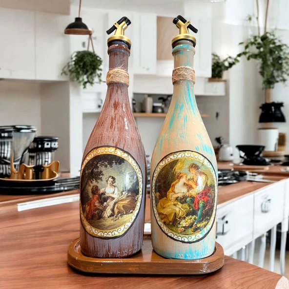 Özel Tasarım Vintage Desenli Sunum Stantlı 2'li 750 ml Zeytinyağı Sıvıyağ Şişesi Yağdanlık Yağlık - 8