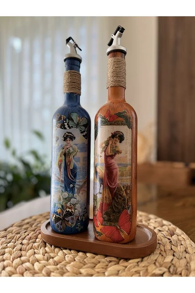Özel Tasarım Kadın Figürlü Ahşap Stantlı 2'li 750 Ml Zeytinyağı Sıvıyağ Şişesi Yağdanlık Yağlık - 3