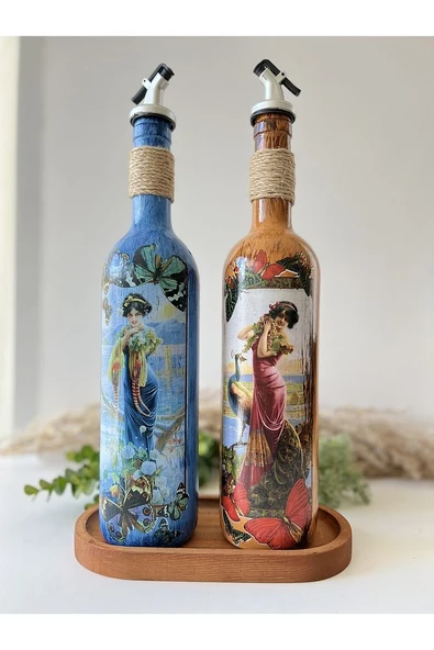Özel Tasarım Kadın Figürlü Ahşap Stantlı 2'li 750 Ml Zeytinyağı Sıvıyağ Şişesi Yağdanlık Yağlık - 8