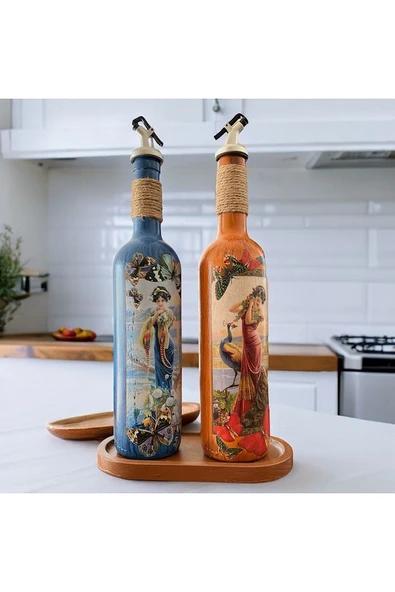 Özel Tasarım Kadın Figürlü Ahşap Stantlı 2'li 750 Ml Zeytinyağı Sıvıyağ Şişesi Yağdanlık Yağlık - 2
