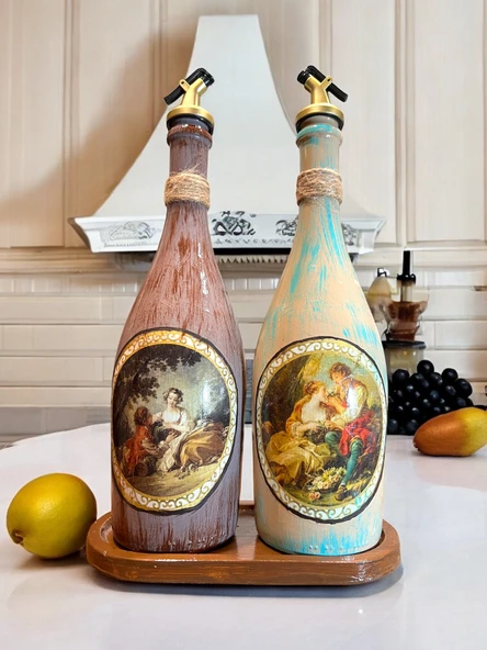 Özel Tasarım Vintage Desenli Sunum Stantlı 2'li 750 ml Zeytinyağı Sıvıyağ Şişesi Yağdanlık Yağlık - 7