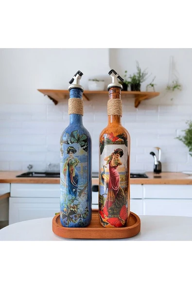 Özel Tasarım Kadın Figürlü Ahşap Stantlı 2'li 750 Ml Zeytinyağı Sıvıyağ Şişesi Yağdanlık Yağlık - 4