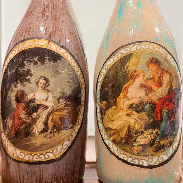 Özel Tasarım Vintage Desenli Sunum Stantlı 2'li 750 ml Zeytinyağı Sıvıyağ Şişesi Yağdanlık Yağlık - 4