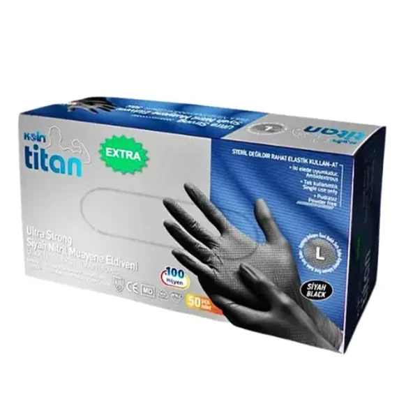 Koin Titan Extra Siyah Nitril Muayene Eldiveni Pudrasız Ultra Strong Large L