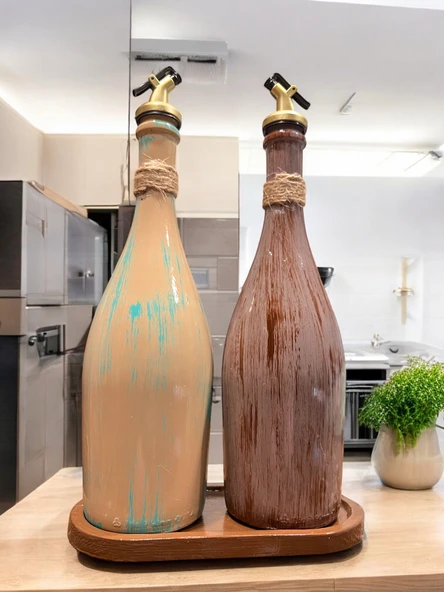 Özel Tasarım Vintage Desenli Sunum Stantlı 2'li 750 ml Zeytinyağı Sıvıyağ Şişesi Yağdanlık Yağlık - 6