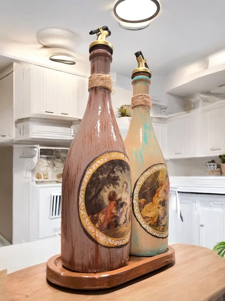 Özel Tasarım Vintage Desenli Sunum Stantlı 2'li 750 ml Zeytinyağı Sıvıyağ Şişesi Yağdanlık Yağlık - 2