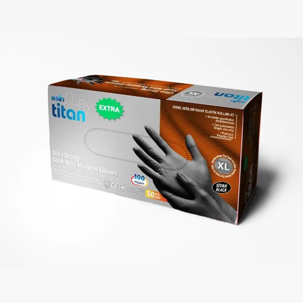 Koin Titan Extra Siyah Nitril Muayene Eldiveni Pudrasız Ultra Strong XLarge XL