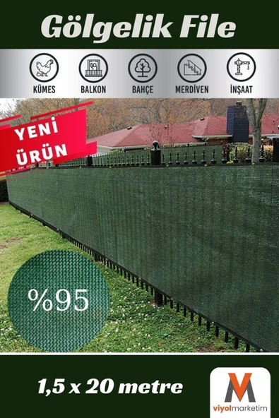 YUNUSDUŞ 95'lik Yeşil Gölgelik File 1,5x20 Metre Çit Rüzgar Gölgeleme Filesi Şeritli Kuşgözlü Balkon Filesi