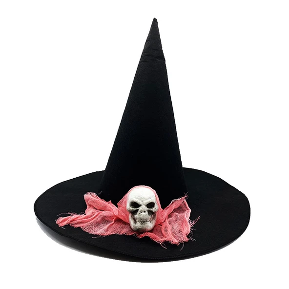 Siyah Renk Pembe Duvaklı Kuru Kafa Temalı Cadı Şapkası 35x38 cm ürün görseli 1