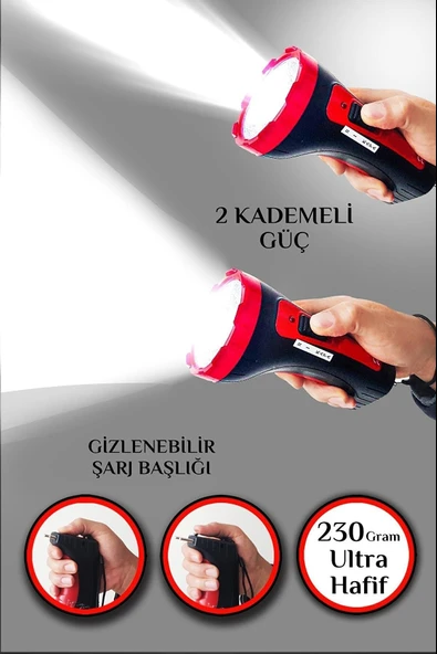 Şarjlı 10w Projektör Led El Fener 2 Mod Aydınlatmalı Uzun Menzil Güvenlik Bekçi Polis Feneri Işıldak - Resim 2