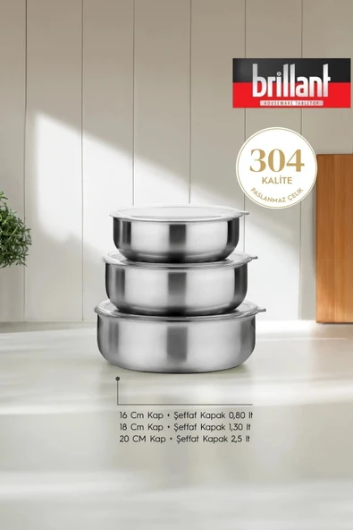 6 Parça Aldip Çelik Saklama Kabı Seti 3'lü (16-18-20 cm) - Şeffaf Kapaklı Metal Saklama Kabı ürün görseli