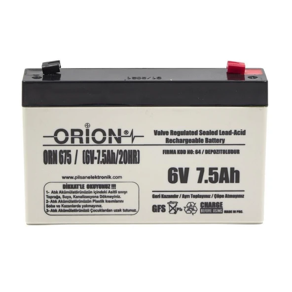 Orion 6V 7.5 Ah 6V 7Ah Kuru Bakımsız Akü