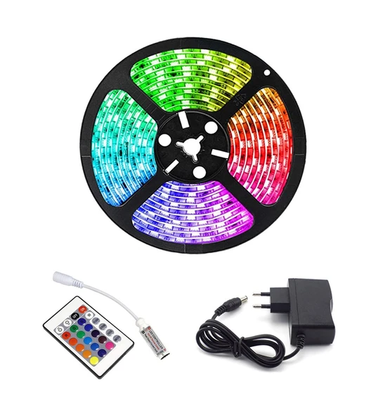 Rgb Şerit 5 Metre 16 Renkli Kumandalı Adaptörlü Çift Taraflı Bant ürün görseli 1