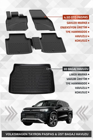 Sahler Volkswagen Tayron 2024+ Uyumlu 4.5D Premium Havuzlu Oto Paspas ve Liner Marka 3D ÜST Bagaj Havuzu