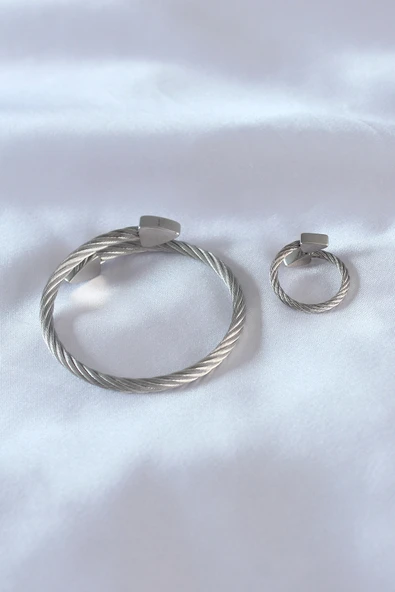 Çelik Gümüş Renk Burgu Model Erkek Bileklik Yüzük Seti - TJ-EB3592 - 2