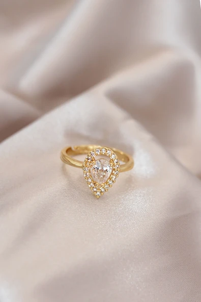 Ayarlamalı Gold Renk Metal Zirkon Taşlı Damla Model Yüzük - TJ-BYK2071 ürün görseli 1