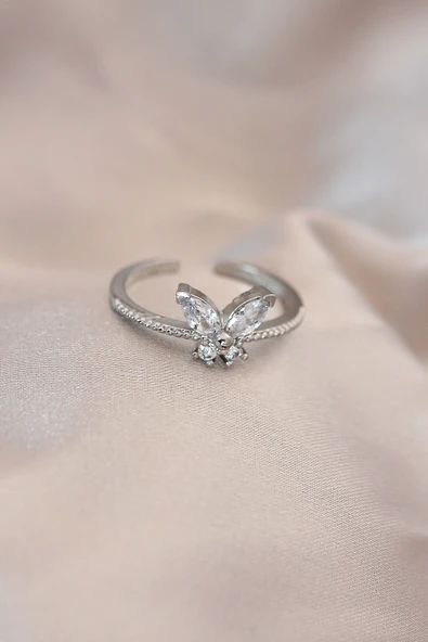 Ayarlamalı Gümüş Renk Metal Zirkon Taş ve Kristal Taşlı Kelebek Model Yüzük - TJ-BYK2052 ürün görseli 1
