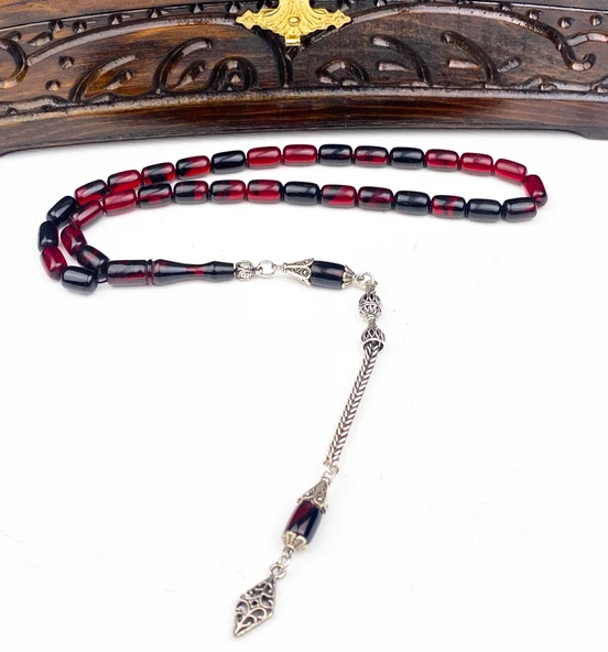 925 Ayar Gümüş Püsküllü Kapsül Kesim Ateş Kehribar Tesbih ürün görseli 1