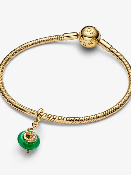 Pandora Yılan Figürlü Yeşil Murano Camı Sallantılı Charm 14 ayar altın kaplama - Resim 3