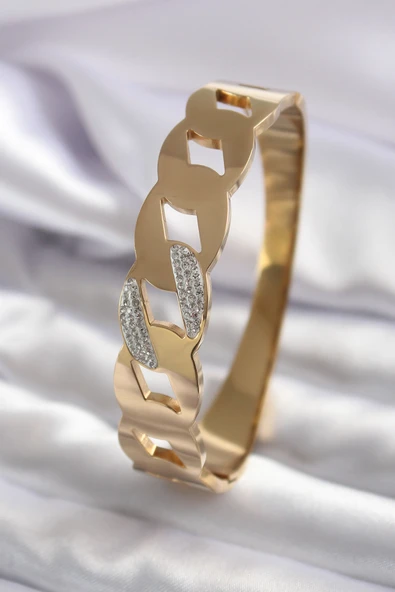 316L Çelik Gold Renk Zincir Model Zirkon Taş Detay Kadın Kelepçe - TJ-BB5575 ürün görseli 1