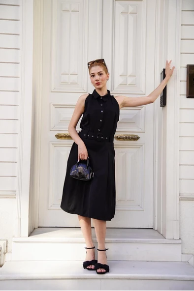 Gömlek yaka kemerli elbise siyah s255061 - 5