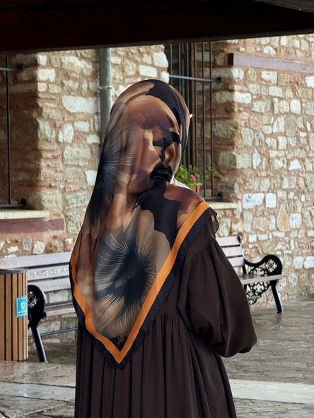 Pamuklu Flora Desen Eşarp-Siyah/Gold - 3