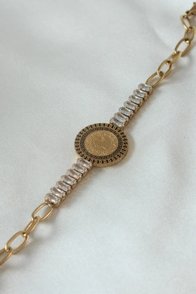 316L Çelik Gold Renk T0m Altn Modelli Zirkon Taşlı Kadın Bileklik - TJ-BB5098 - Resim 2