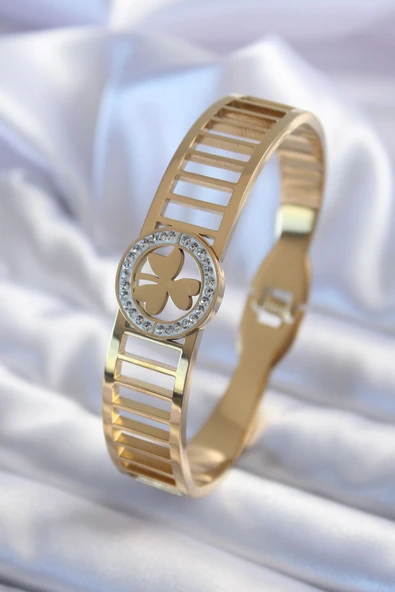 316L Çelik Gold Renk Zirkon Taşlı Yonca Model Kadın Kelepçe - TJ-BB5589 ürün görseli 1
