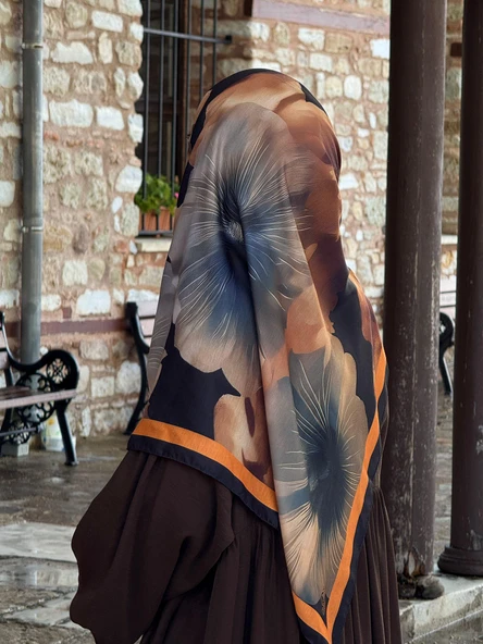 Pamuklu Flora Desen Eşarp-Siyah/Gold - 2