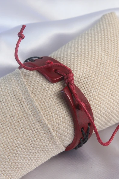 Bordo Renk Siyah İpli Deri Erkek Bileklik - TJ-EB3579 - Resim 2