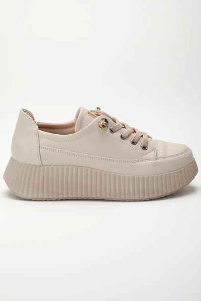 Kadın Casual Spor Ayakkabı Bej Elastik Bağcıklı Kalın Taban - Resim 3