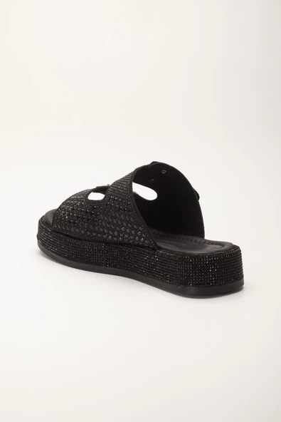 Kadın Dolgu Topuklu Terlik Siyah Çift Bantlı Taşlı Tokalı - Resim 5