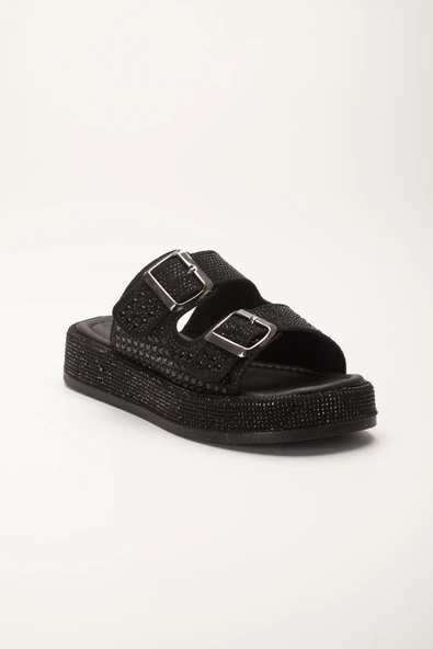 Kadın Dolgu Topuklu Terlik Siyah Çift Bantlı Taşlı Tokalı - Resim 4