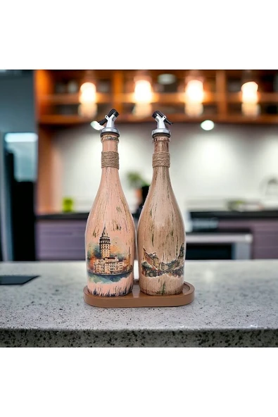 İstanbul Manzarası Desenli Sunum Stantlı 2'li 750 ml Zeytinyağı Sıvıyağ Şişesi Yağdanlık Yağlık - 3
