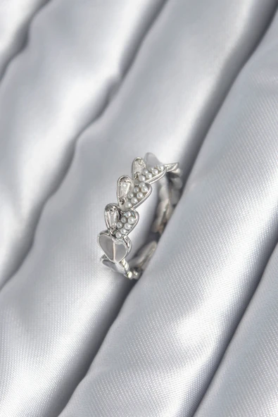 Pirinç Gümüş Renk Kalp Model İnci Detay Kadın Yüzük - TJ-BYK2982 ürün görseli 1