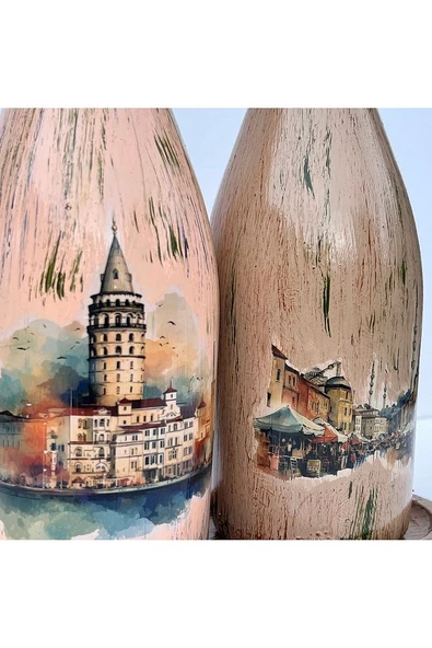 İstanbul Manzarası Desenli Sunum Stantlı 2'li 750 ml Zeytinyağı Sıvıyağ Şişesi Yağdanlık Yağlık - 7