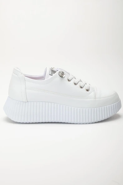 Kadın Casual Spor Ayakkabı Beyaz Elastik Bağcıklı Kalın Taban - Resim 3