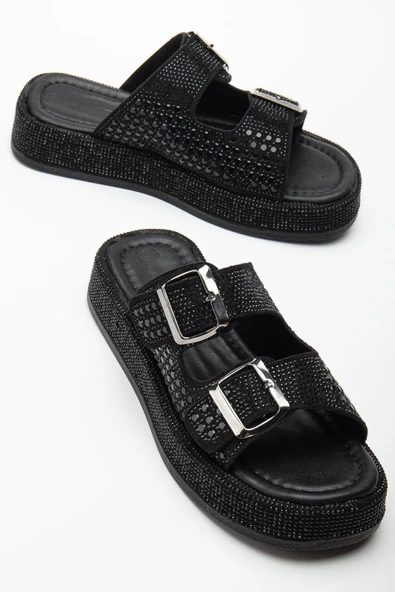 Kadın Dolgu Topuklu Terlik Siyah Çift Bantlı Taşlı Tokalı ürün görseli