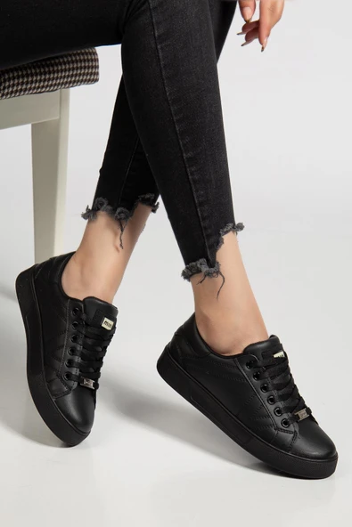 Kadın Casual Spor Ayakkabı Siyah İnce Taban Bağcıklı - Resim 2