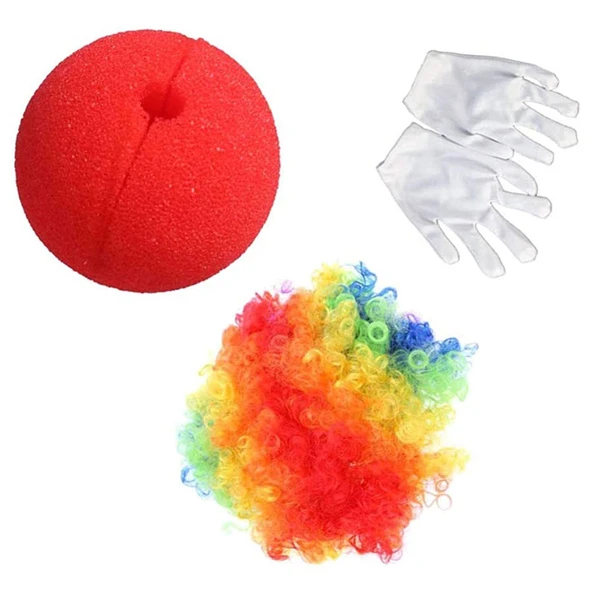 Rengarenk Palyaço Peruk Beyaz Eldiven Kırmızı Sünger Burun Palyaço Seti 3 Parça ürün görseli 1